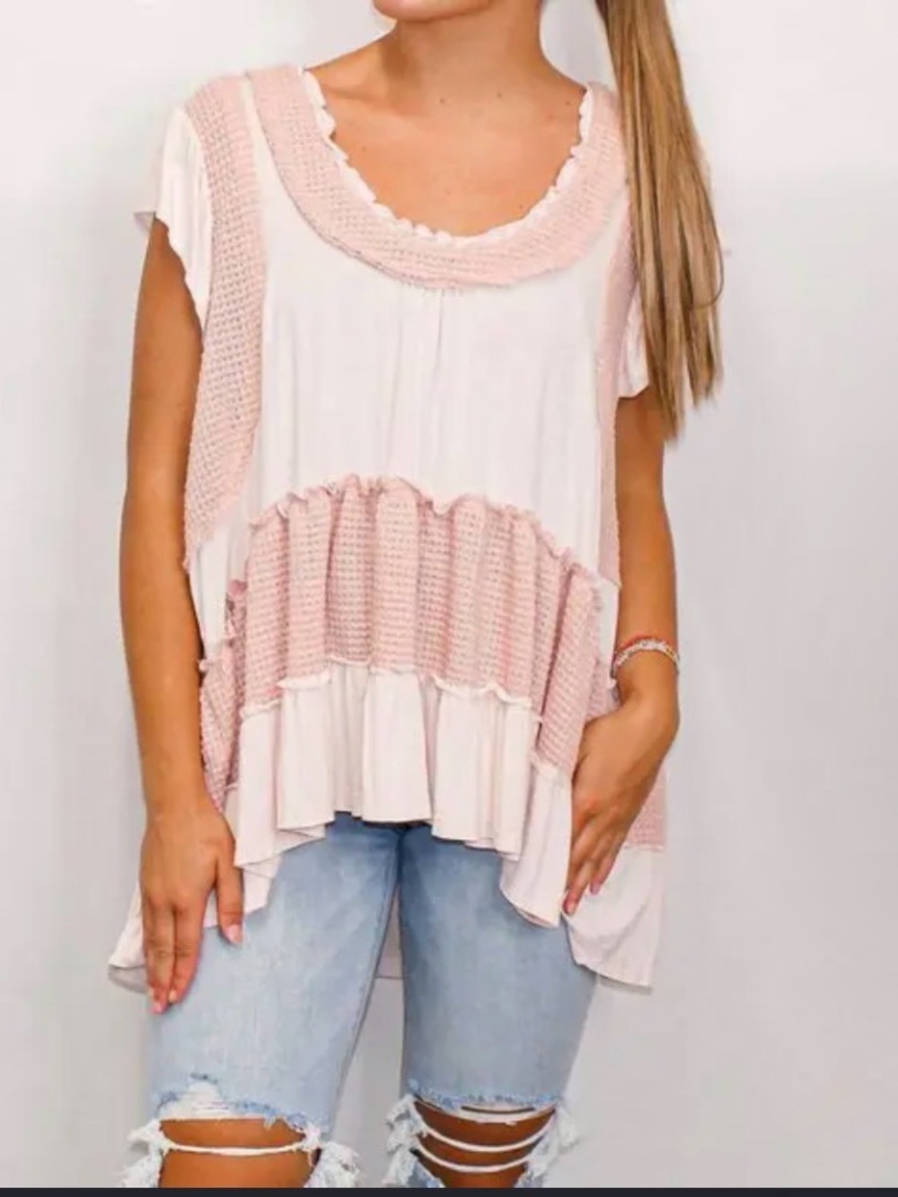 POL Baby Pink Babydoll Crochet Trimmed Ruffled Relaxed Tunic Top Size S